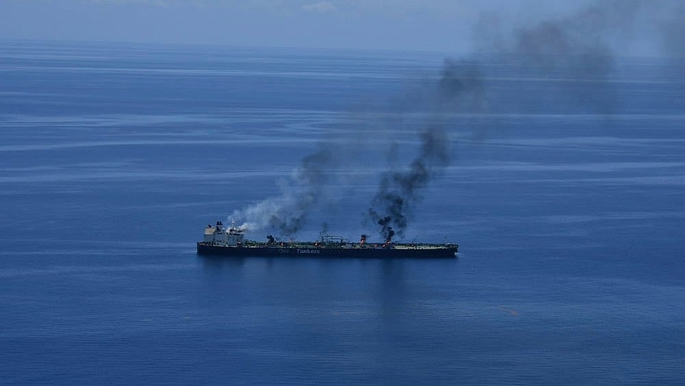| Photo: European Union's Operation Aspides via AP : Middle East Tensions: Fires burning aboard the oil tanker Sounion in the Red Sea